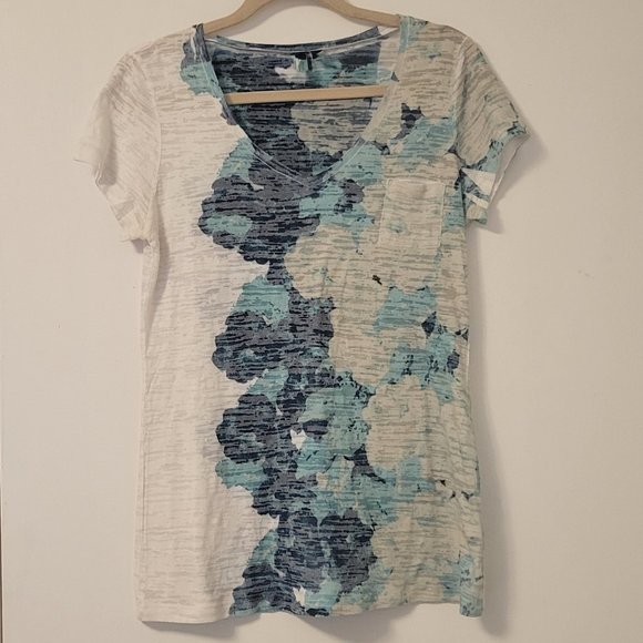 ❣️HP❣️Madison sheer splash turquoise V neck short sleeve blouse size: S - Picture 3 of 4